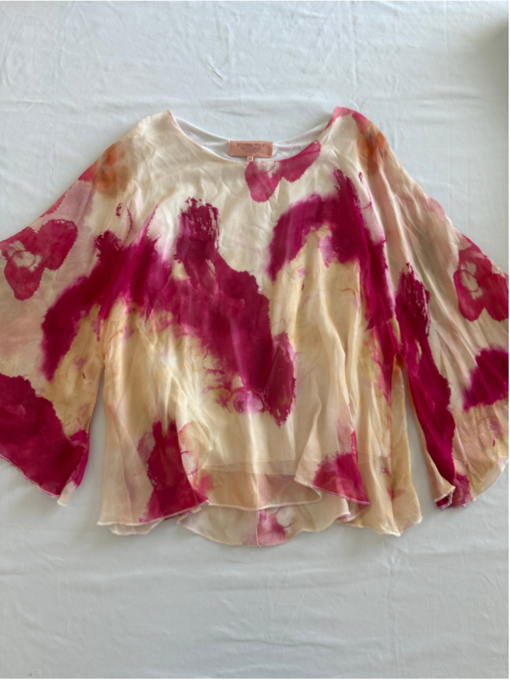 Women's Scandal Italy Blouse Size M Pink Beige Tie-Dye Silk Blend